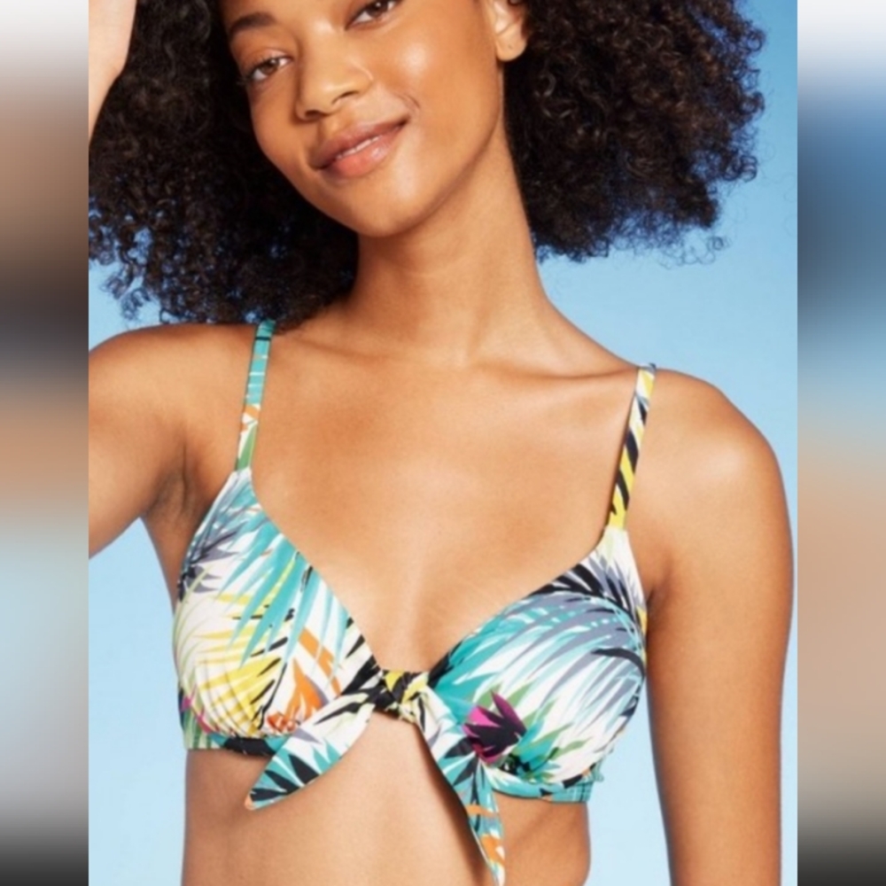 Tropical Green Pink black Tie-Front Underwire Bikini Top Multi Palm Print